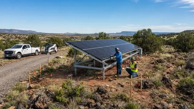 Single ground-mounted off-grid solar array being planned on uneven rural terrain in Apache County Arizona