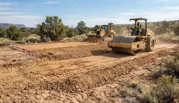 Soil compactor preparing and compacting fill beneath a graded rural building area in Apache County Arizona