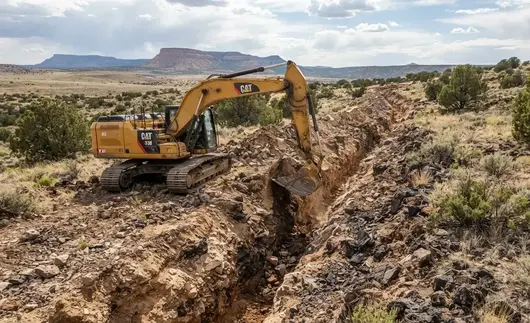 Utility trench excavation through rocky high-desert ground in Apache County Arizona