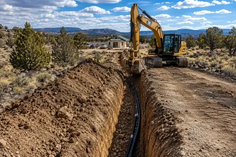 Utility trench excavation for underground electrical and water lines on a rural property in Apache County Arizona