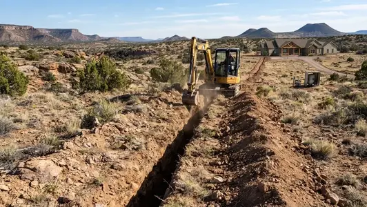 Water line trench excavation between a private well and rural homesite in Apache County Arizona