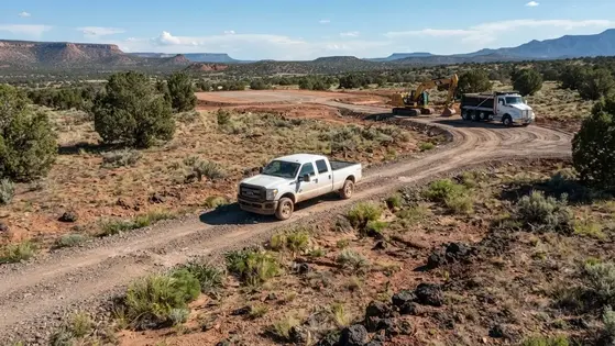 Pickup truck and construction equipment accessing a rough rural road on undeveloped Apache County Arizona land