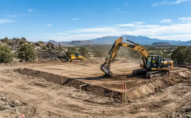 Excavator and bulldozer performing excavation and precision grading on rural Arizona property