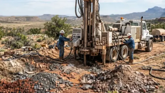 Professional water well drilling through layered geological formations on a rural Apache County Arizona property
