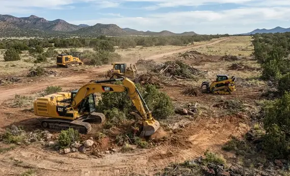 Excavator actively clearing brush and small trees from rural Apache County property
