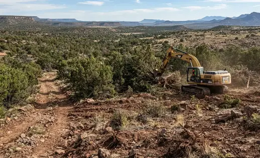 Large rural Apache County land clearing project with excavator working across varied vegetation and terrain