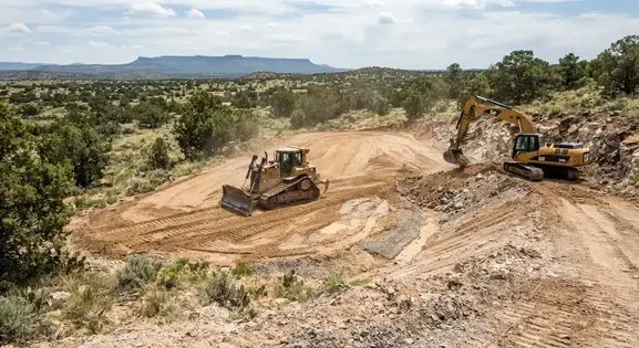 Apache County Arizona rural grading project showing high-desert terrain, native vegetation, rocky ground, drainage contours, and earthmoving equipment
