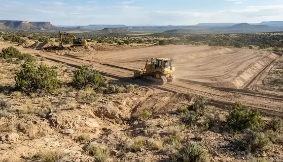Professionally graded rural land in Apache County Arizona showing corrected elevations, smooth slopes, and prepared ground for future development