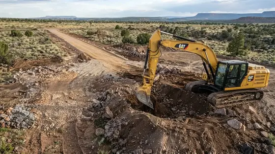 Rural Apache County property with graded access road, gravel, building pad preparation, and excavation equipment