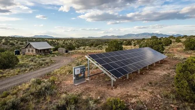 Off-grid solar installation on a rural property in Apache County Arizona