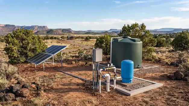 Off-grid private water well pump and solar-powered water system on a rural Apache County Arizona property