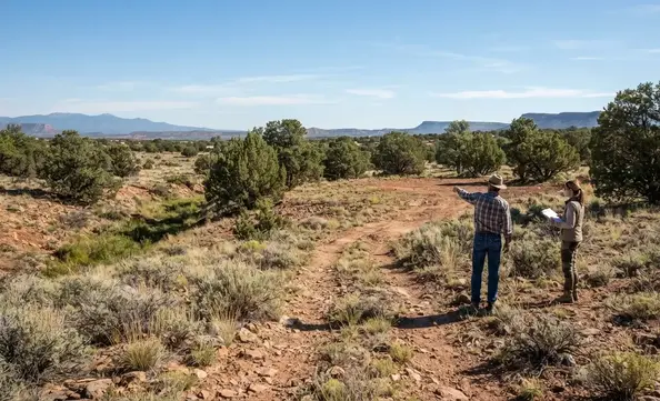 Rural Apache County property being evaluated before land clearing with a planned homesite, access road, preserved vegetation, and natural drainage areas