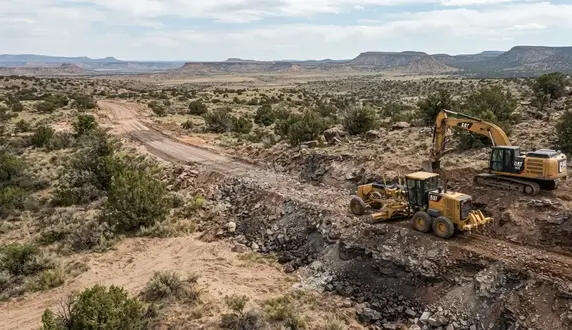 Rural Apache County Arizona road corridor showing changing soil rock and terrain conditions