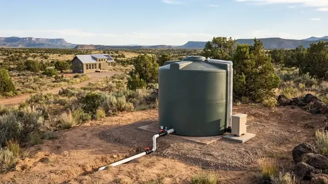 Rural water storage tank and cistern system serving an undeveloped Apache County Arizona property