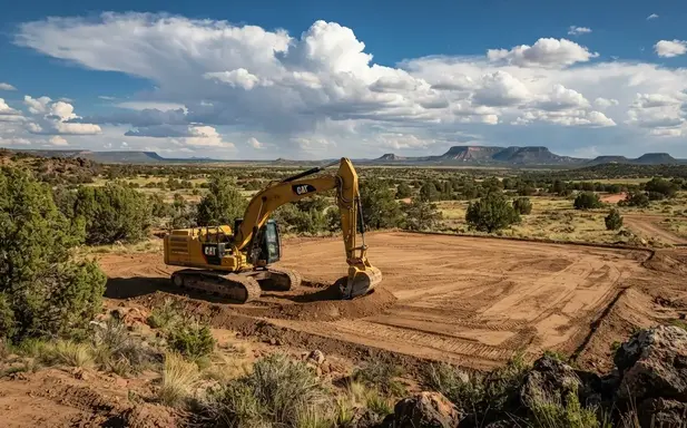 Excavator preparing a building pad on rural land in Apache County Arizona